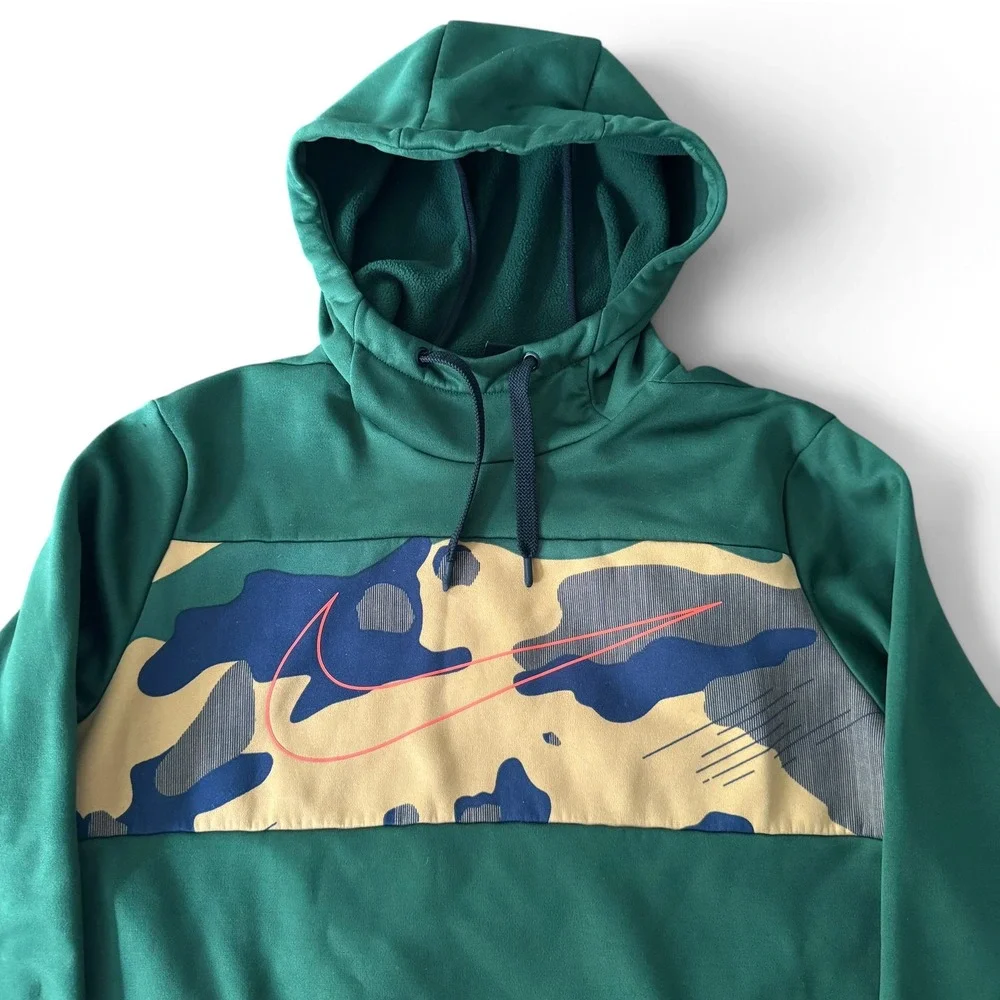 Nike DriFit Hoodie Men M Green Camo Print Performance Stretch Athletic Pullover